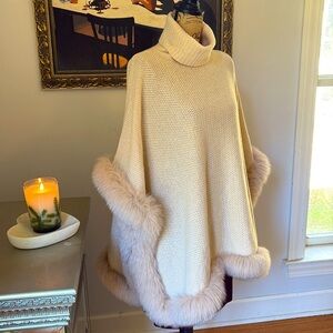 ALASHAN Cashmere Fox Fur Cape Poncho $895 New NWT Luxury Designer Cream Tan M L